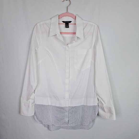 WHITE HOUSE BLACK MARKET Button Up Down Shirt WHITE w NAVY BLUE size 8 Lagenlook - Picture 2 of 7